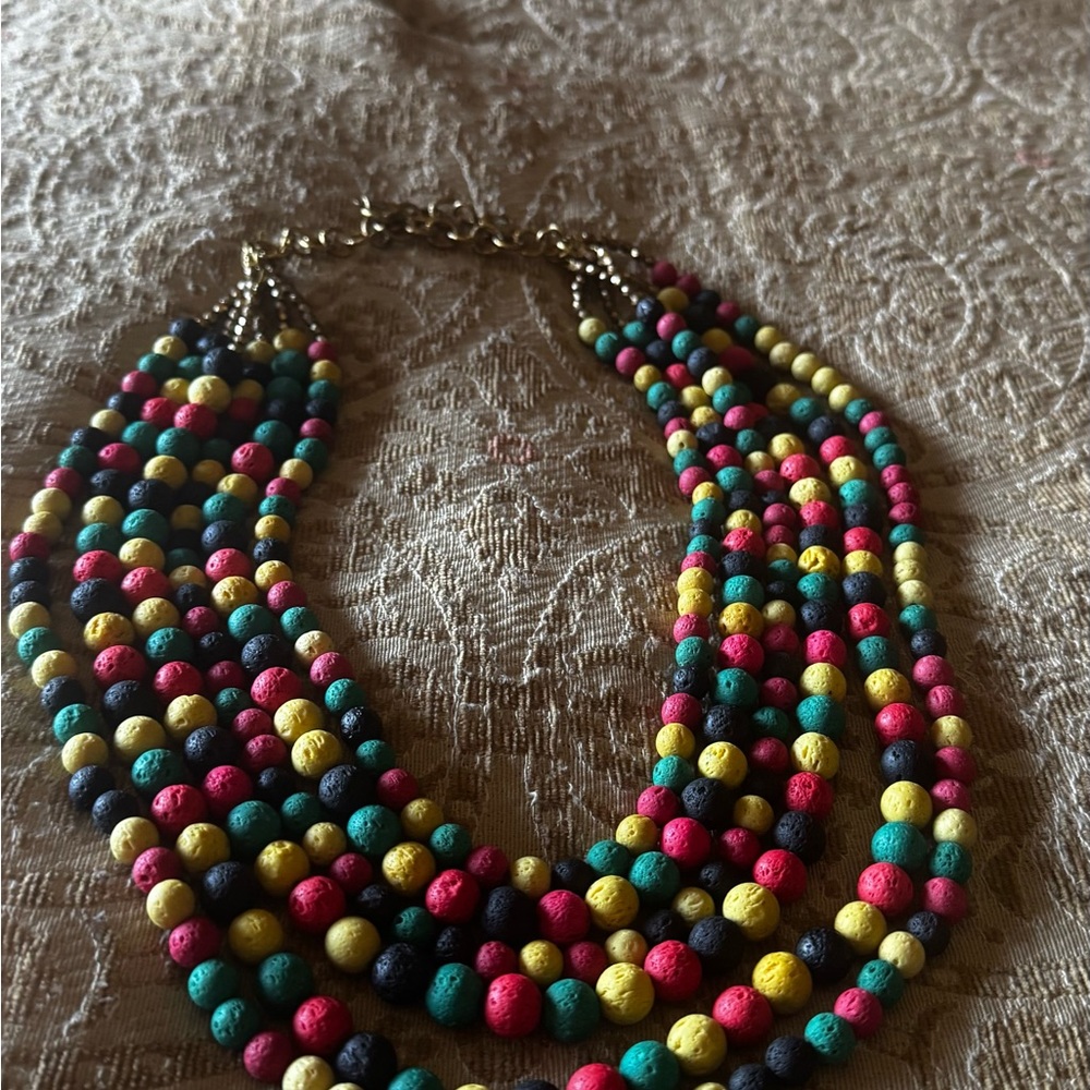Sassy Jones Multistrand Beaded Necklace in Pink, Yellow, Teal & Navy